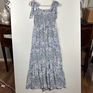 SHE + SKY MAXI SZ M 10” SMOCKING TOP SELF TIE BOWS BLUE GREEN GRAY WHITE FLORAL